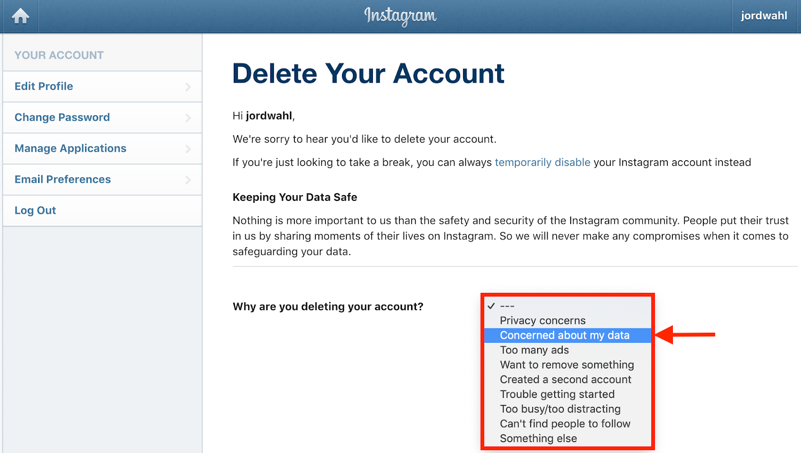 delete instagram account page