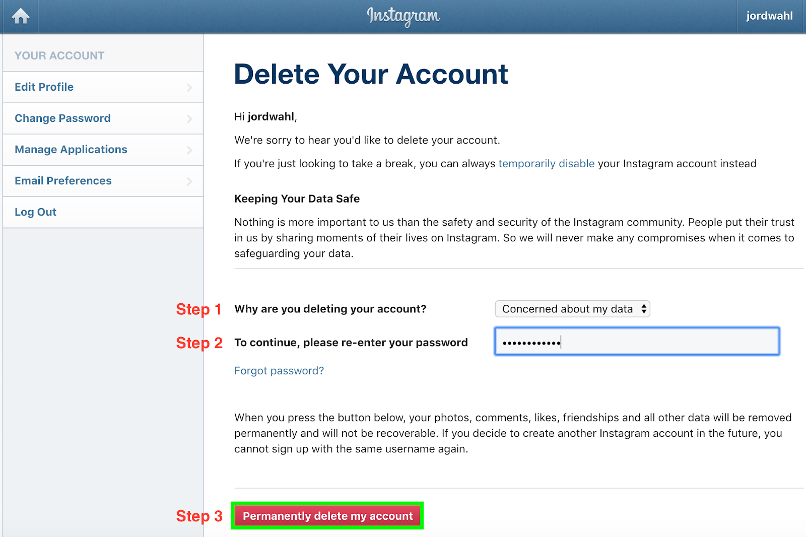 how to delete instagram account
