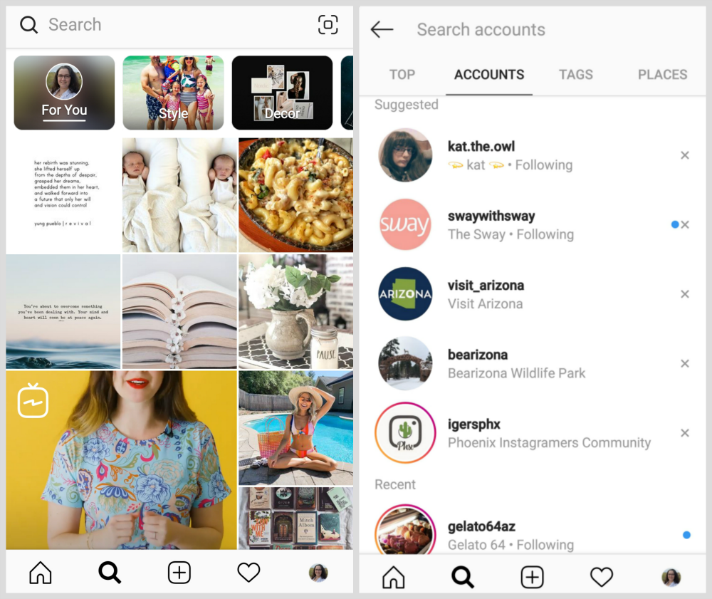 Screenshot of Instagram Search Tabs